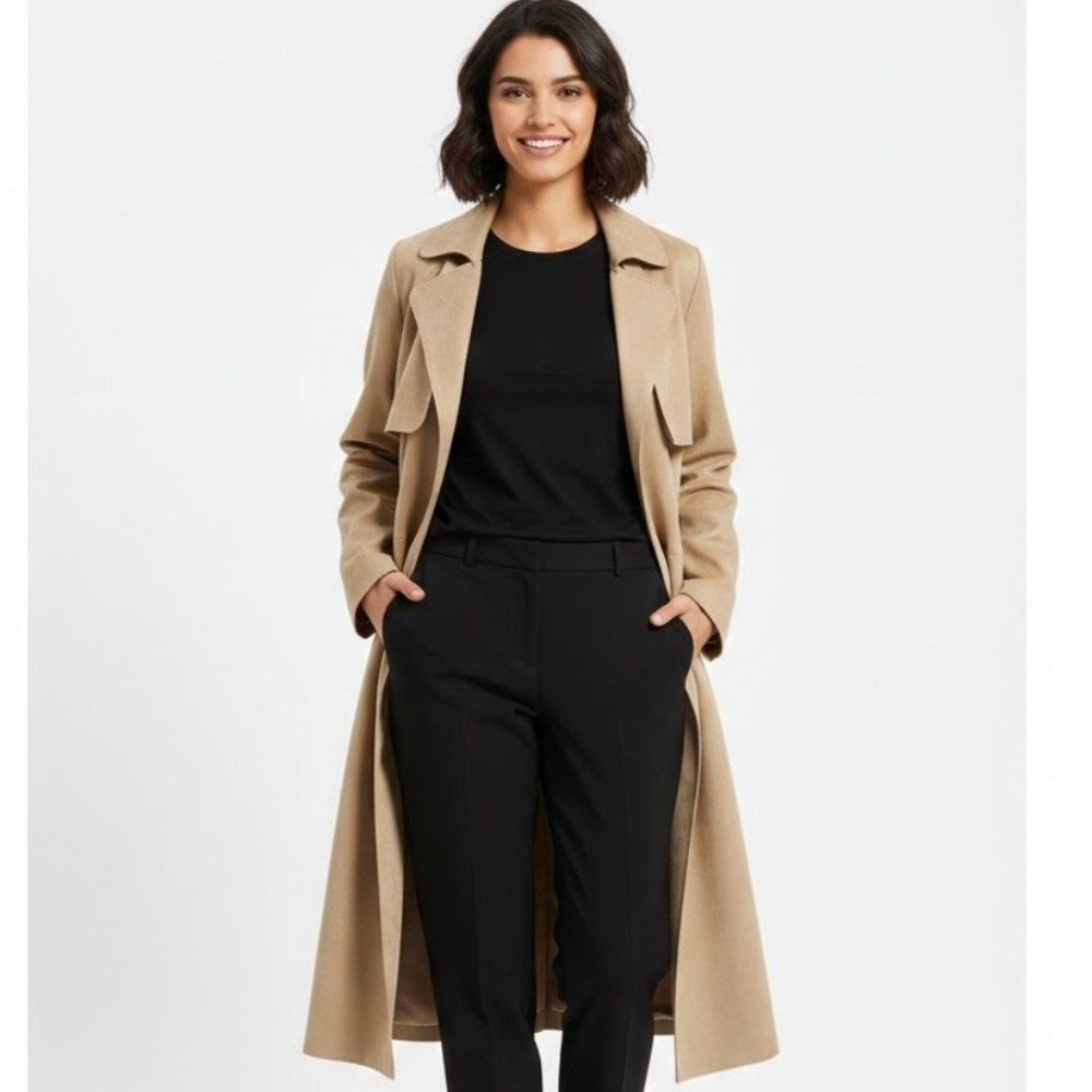H&M Women Coat Med Tan Faux Suede Leather Long Trench Coat‎ Wrap Quiet Luxury